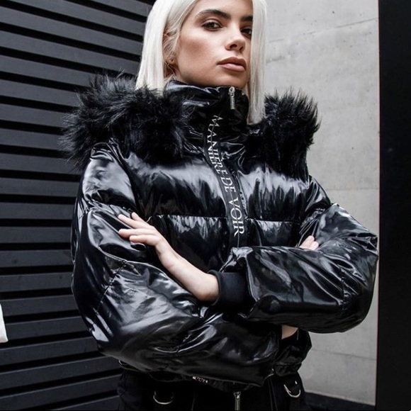 Black Puffer Coat Faux Fur 